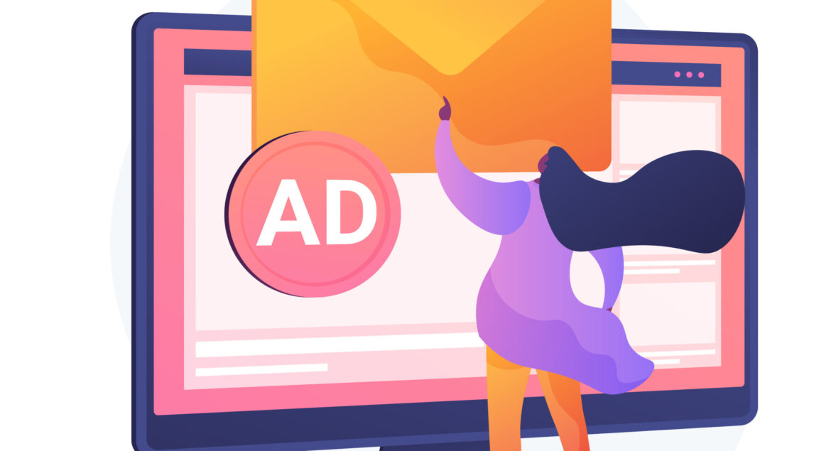 Spamming, email spam. Girl cartoon character getting unsolicited ,undesirable electronic messages. Advertising, messaging, commercial, newsletter. Vector isolated concept metaphor illustration